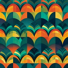 A mesmerizing, vector seamless pattern filled with an assortment of striped geometric elements, including arcs, chevrons, and spirals, constructing an attention-grabbing abstract texture. - Generative