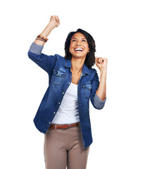 Success, happy woman and winning fist dance in celebration on isolated, transparent and png...