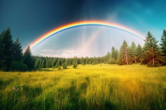 A colorful rainbow arches over a serene green meadow under a clear blue sky with sunshine. Generative AI
