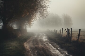 Misty, spooky country road for wallpaper with haunting vibe. Generative AI