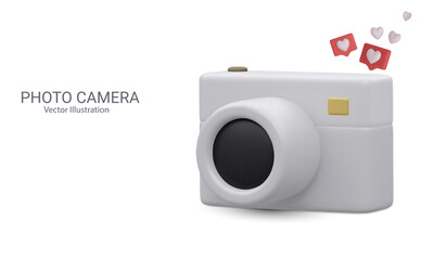 Social media content banner in 3d realistic style with camera and social icons. Vector illustration