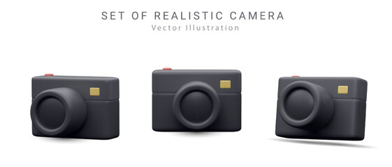 Set of 3d realistic render black camera with shadow isolated on white background. social media concept .Vector illustration 3D
