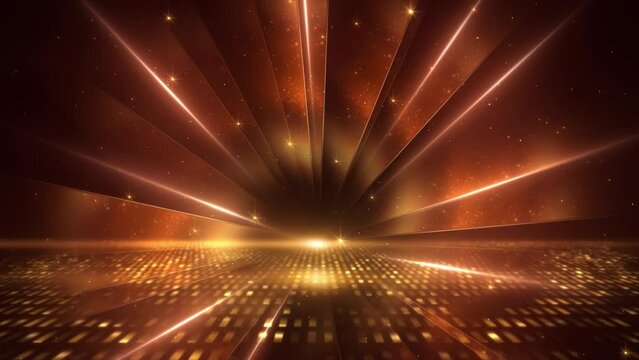 Beautiful luxury golden fan shape wall sparkling with magical stardust particles and glowing. warm flare radiant shimmering on square pattern floor. for Oscar award ceremony event. Loopable. LED.4K