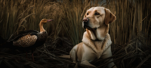 Golden Retriever and Duck 20:9 Portrait