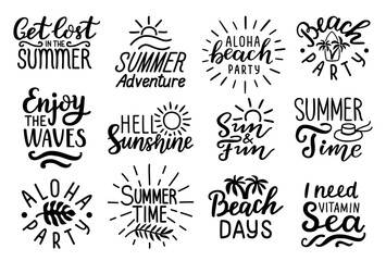 Summer adventure, Hello sunshine, Aloha beach party, Enjoy the waves, Sun and fun hand lettering quotes. Handwritten decorative phrases. EPS 10 isolated vector illustration for prints, cutting designs