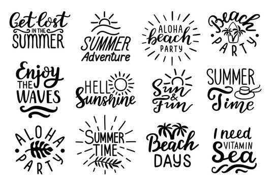 Summer Adventure, Hello Sunshine, Aloha Beach Party, Enjoy The Waves, Sun And Fun Hand Lettering Quotes. Handwritten Decorative Phrases. EPS 10 Isolated Vector Illustration For Prints, Cutting Designs