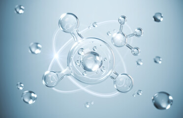 cosmetic moisturizer water molecule, Cosmetic Essence, Liquid bubble, Molecule inside Liquid Bubble on water background, 3d rendering