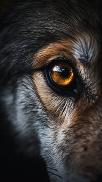 Beautiful close-up of a wolf eye on black background, Canis lupus, generative AI