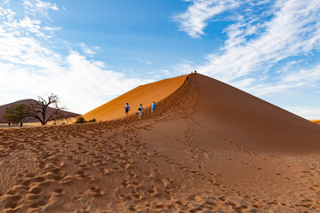 Fototapeta na wymiar Tourists climbing up the famous Sossusvlei Dune 45 in the Namib Desert, Namibia