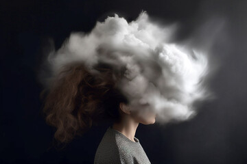 Young woman with her head in cloud. Depression, loneliness and mental health concept. Psychology theme, dreaming, having racing thoughts in mind. Concept of memory loss, dementia. AI generated - obrazy, fototapety, plakaty