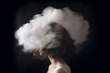 Young woman with her head in cloud. Depression, loneliness and mental health concept. Psychology...
