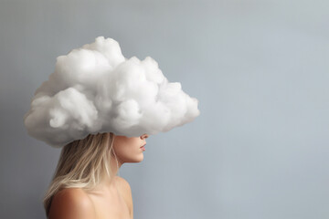 Young woman with her head in cloud. Depression, loneliness and mental health concept. Psychology theme, dreaming, having racing thoughts in mind. Concept of memory loss, dementia. AI generated