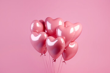 Pink heart shaped helium balloons on pink background. Foil air balloons on pastel pink background....