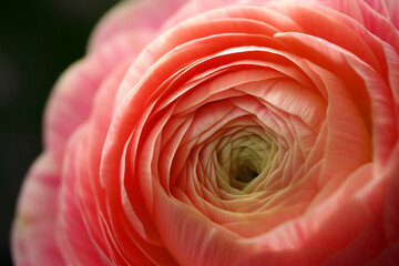 Ranunculus macro shot. Persian buttercup blossom, layered spring flower, selective focus. Natural textured background. AI generated image