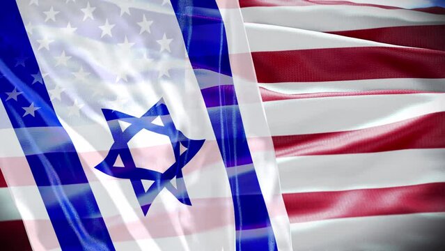 USA Israel. Video American flag and Israel Flag demonstrates the partnership between the two states through the main symbols of these countries. Israeli and USA flags, 3D 4K video composition