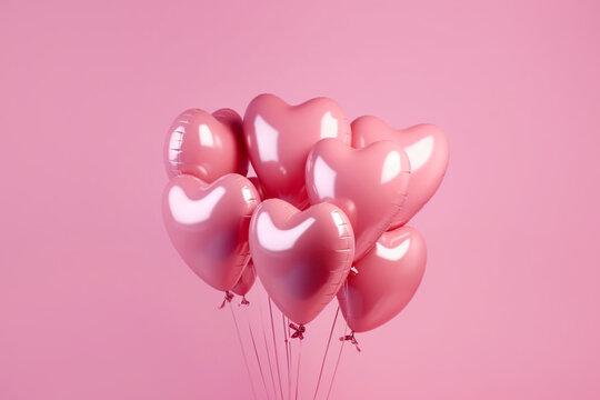 Naklejka Pink heart shaped helium balloons on pink background. Foil air balloons on pastel pink background. Minimal love concept. Valentine's Day or wedding party decoration. Metallic balloon, AI generated.