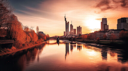 A Majestic Sunset Over the Frankfurt Skyline - generative AI - obrazy, fototapety, plakaty