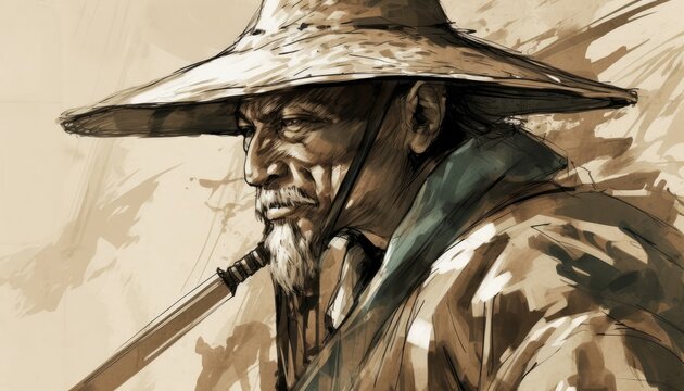 A draw of a chinese old man with a coolie hat ai, ai generative, illustration