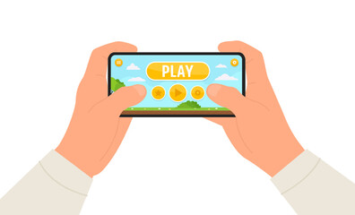 Person playing games on smartphone. Human hands holding phone with video games. Flat vector illustration of online gaming.