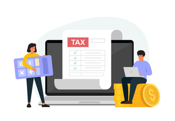 Online tax payment concept. Characters using laptop to filling tax declaration form online. Flat vector illustration isolated on white background.