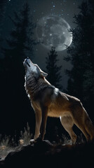 Howling Wolf Dark Background. Full Moon and the Wilderness.