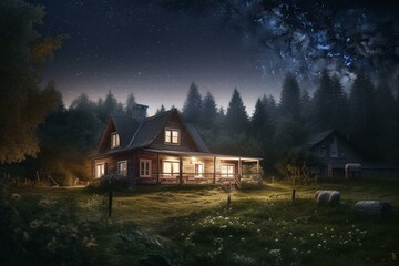 Adorable country homes amid woods, distant peaks, starry night sky. Generative AI
