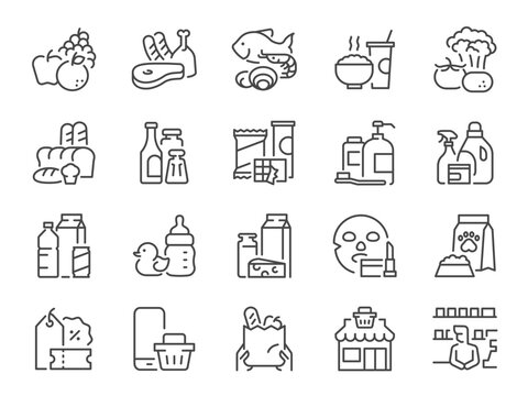 Grocery types icon set. It included a Grocery shop, store, supermarket, mart, flea market, and more icons.