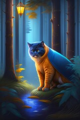 Fairytale cat in a blue raincoat and with retro flashlight wanders through the magical forest, illustration for children, AI Generated