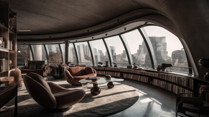 Luxurious living room with panoramic windows and lots of books created using generativ AI tools
