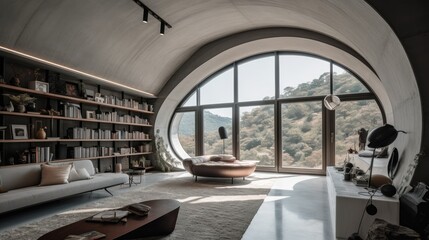 Obraz premium Luxurious living room with panoramic windows and lots of books created using generativ AI tools