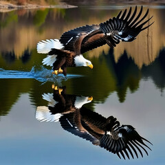 Fototapeta premium Bald Eagle soaring above lake