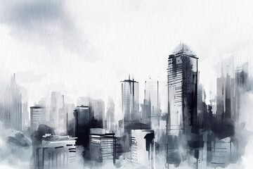 Modern city with skyscrapers, gray tone, watercolor painting on textured paper. Digital watercolor painting
