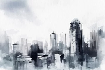 Keuken foto achterwand Aquarelschilderij wolkenkrabber  Modern city with skyscrapers, gray tone, watercolor painting on textured paper. Digital watercolor painting