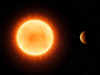 Rocky planet next to a yellow sun-like star. Orbit of an exoplanet near the Sun.