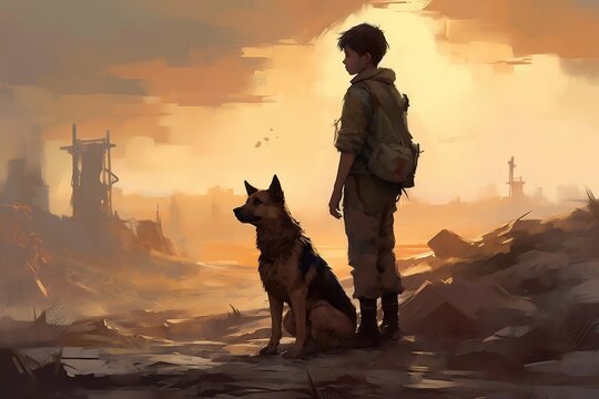 In the post-apocalyptic wasteland, a boy and his dog traversed the barren landscape together. generative AI