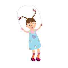 Little Happy Kid girl Skipping Rope..Illustration of a cute little girl playing skipping rope on a white background.. Cartoon Vector illustration.