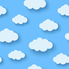 Seamless pattern with beautiful fluffy clouds on blue sky background. Vector illustration. Paper cut style. Summer cute baby wallpaper