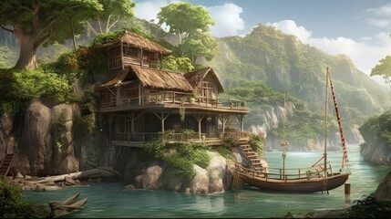 Fantasy remote island vacation resort - Generative AI