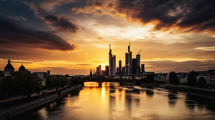 Fototapeta premium A Majestic Sunset Over the Frankfurt Skyline - generative AI