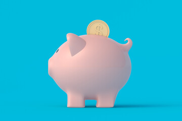 Piggy bank and coin. Financial concept. Maintaining and increasing income. 3d render