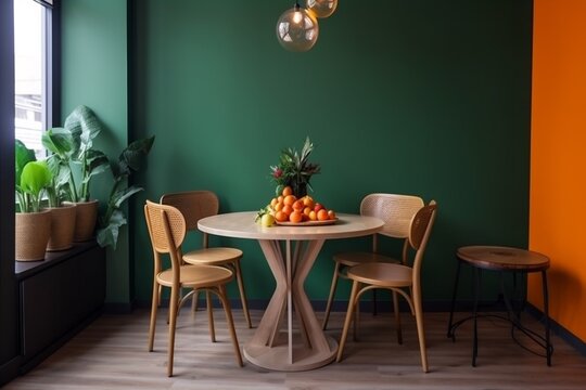 interior kitchen wall furniture floor orange green copy space decoration restaurant. Generative AI.