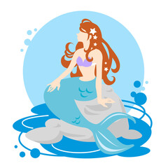 Vector illustration of a mermaid sitting on a rock floating in the sea and staring into the distance.