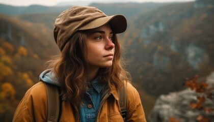 Young beatiful girl traveler in mountains. Travel and active lifestyle concept. Generative AI