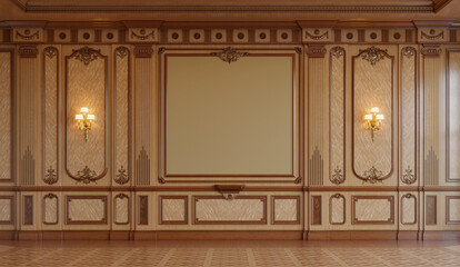 A classic interior with wood paneling. 3d rendering