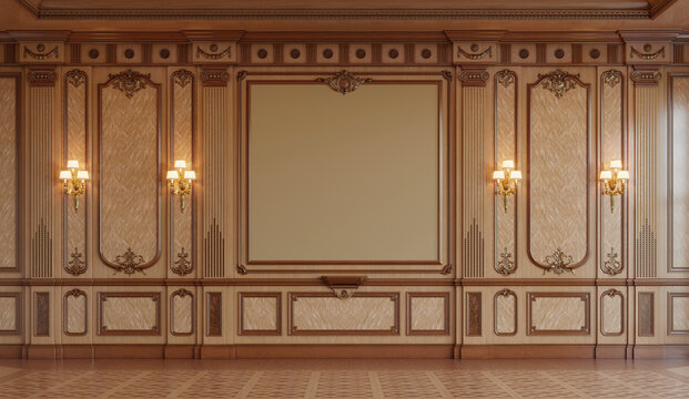 A classic interior with wood paneling. 3d rendering