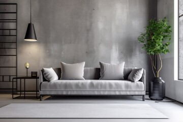 interior background grey comfortable modern wall stylish floor pillow concrete couch. Generative AI.