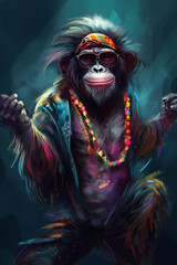 Fototapeta na wymiar Digital Painting eines fröhlichen funky Affen im Party Outfit. Hochformat. Generative Ai.