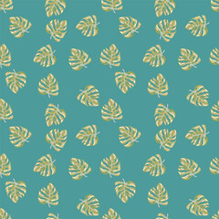 Stylized monstera leaves seamless pattern. Leaf background. Hawaiian rainforest floral backdrop. Exotic jungle plants endless wallpaper. V