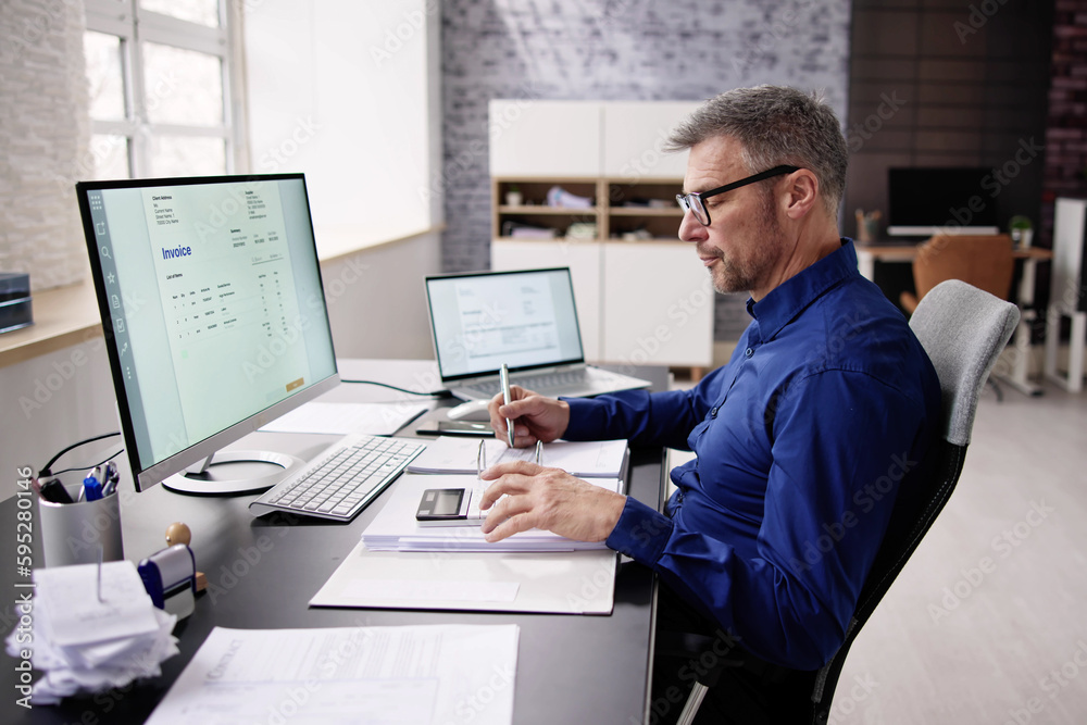 Aufkleber Accountant Using E Invoice Software At Computer