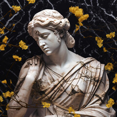Une sculpture en marbre, statue d'une personne stoïcienne grecque ou romaine, représentant le stoïcisme. Avec de l'or et du noir, kintsugi